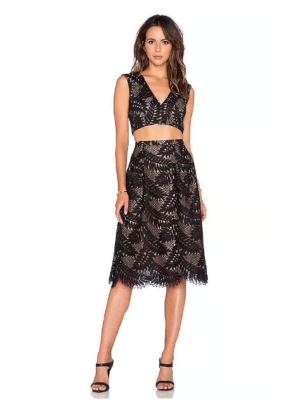 BCBGMAXAZRIA Tyrah Black Lace 2PC Skirt Set NWT Blush/Nude Lining 8 Archival